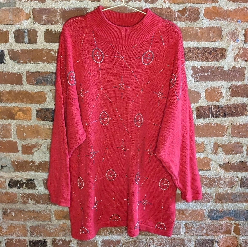 Vintage‎ Victoria Jones Woman 3X Red Knit Beaded Christmas Holiday Sweater